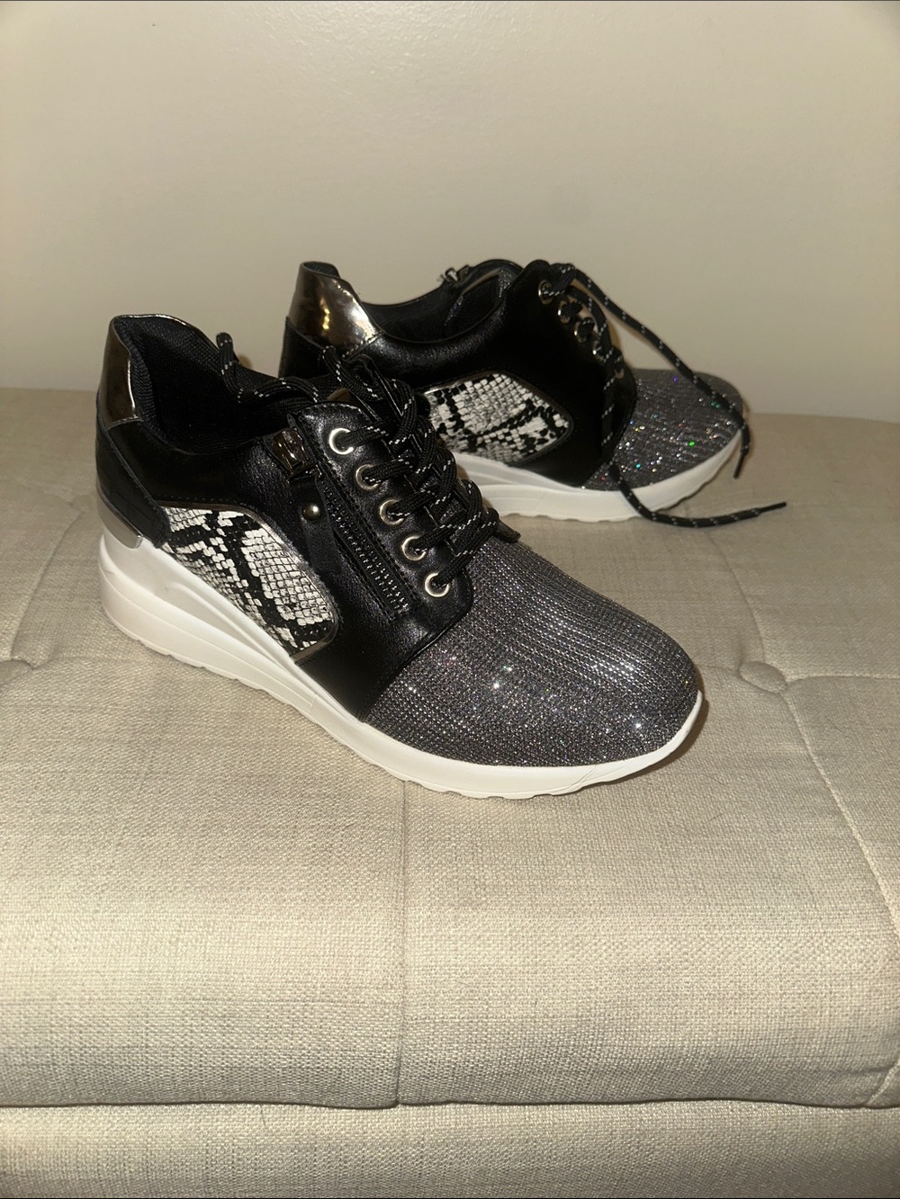 Glitter Black Wedge Sneaker with Snake-Print Accent - size 8, worn once